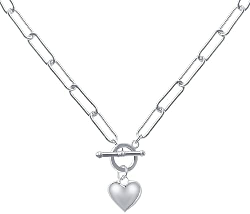 Gretwal Women Silver Heart Charm Paperclip Link Toggle Grosp colar ajustável