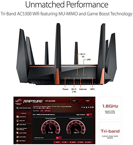ASUS ROG Rapture Wi -Fi Gaming Router - Tri Band Gigabit Wireless Router, CPU quad -core, acelerador de jogo wtfast, portas de 8 GB,
