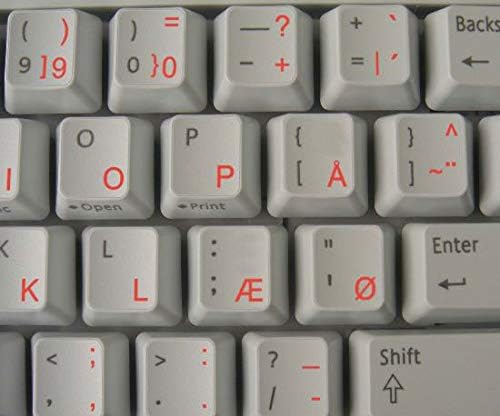 Adesivos de teclado dinamarquês com um fundo transparente de letras vermelhas