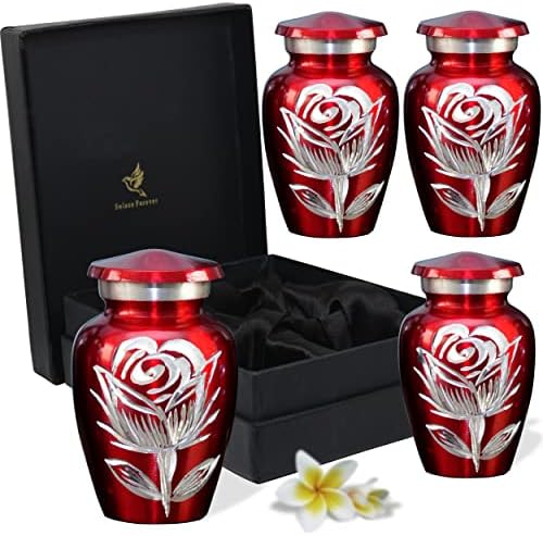 Red Keetake Rose Urns - Pequenas urnas memoriais para cinzas humanas Conjunto de 4 com caixa e bolsas - Urnas de lembrança para