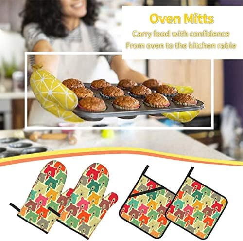 Ursos coloridos Matalhas de forno e suportes de panela conjuntos de luvas de cozinha não deslizantes para churrasco suportes de panela com cozinhar grelhar