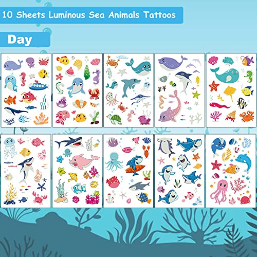 HOHAMN Luminous Sea Animals Tattoos temporários para crianças - mais de 100 brilho no animal escuro Ocean Animal