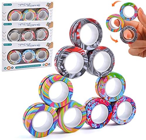 9pcs Brinquedos de inquieto de anel magnético, pacote de brinquedos de inquietação, alívio do estresse anéis magnéticos, Anel de dedão da descompressão da ansiedade do TDAH, presentes engraçados Kids Kids Magnetic Spinner Ring for Boys Girls