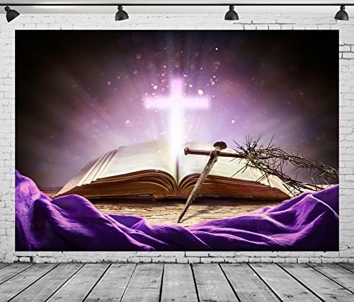 BELECO 10X6.5FT Tecido Bíblia Sagrada Cruz Cadeirado Púrpura Purple Luz Sagrada Crucifixo Thorns God Crença Jesus Cristo Centro bíblico