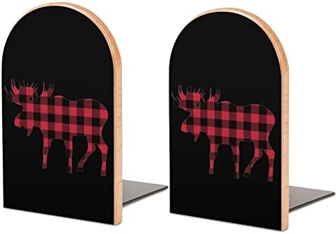 Plaid Moose Lumberjack Red Black Wood Livros Livros não esquiadores Decorativo titular Livro Stop prateleiras para pesado