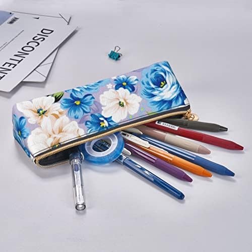 Ruwaxiy Blue Lápis Floral Case Pouca portátil com zíper para a caixa de armazenamento de lápis de couro Organizador de papelaria para trabalho de escritório