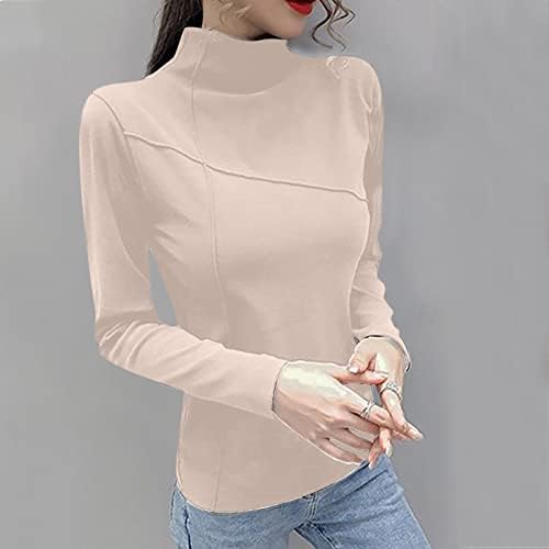 Tops de gola alta casual para mulheres de manga longa camisas de cores sólidas lã de lã quente túnica macia slim fit