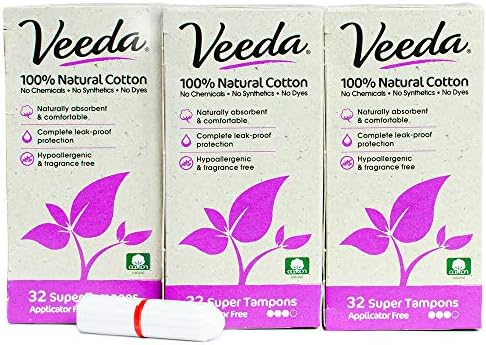 Veeda Aplicador de algodão natural Super tampões, cloro e toxina, sem com os pós -século, 3 pacotes de 32 contam cada