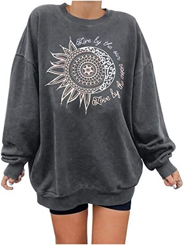 Sorto Y2K para feminino Casual Sun and Moon Print Pullover vintage Casual Camiseta Longa Camiseta Longa Tops