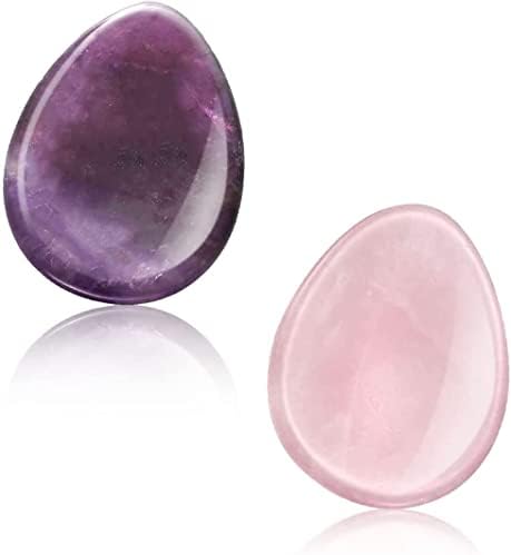 2 Pacote Pesquisa de Thumb Stone para ansiedade, conjunto de cristais de cura de quartzo rosa de rosa, Chakra Reiki