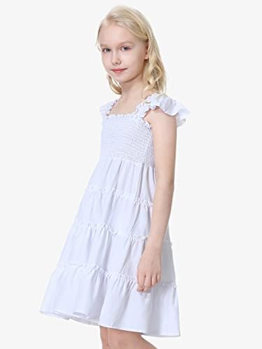 Mebius meninas vestidos de pescoço quadrado smockled bufle babydoll boho bastão fibra de manga A-line vestido 6-12y