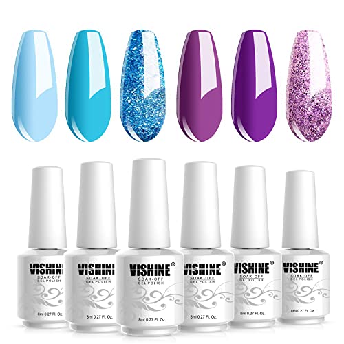 Conjunto de esmaltes Vishine gel de 6 kit de esmalte azul da série Purple Glitter Soak