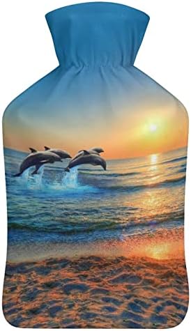 Golfinhos pulando na garrafa de água quente do mar azul 1000ml de bolsa de injeção de água macia e fofa que quente para os pés