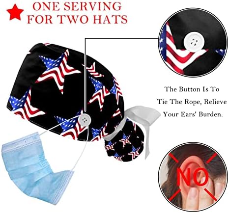 Lorvies Medical Caps for Women With Buttons Long Hair, Bapa de trabalho ajustável de 2 peças, American Flag Stars Multicolored