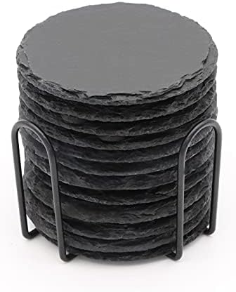 12 PCs Round Slate Drink Coasters Conjunto, Sijdiee 4 polegadas Black Slate Stone Coasters com baixo anti-arranhão e porta-coastro