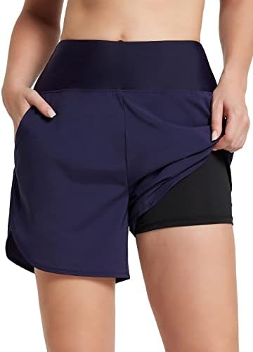 Shorts de shorts de gista alta de 5 de Baleaf Women Shorts de cintura alta Roupa de natação seca rápida tronco upf 50+ shorts de praia