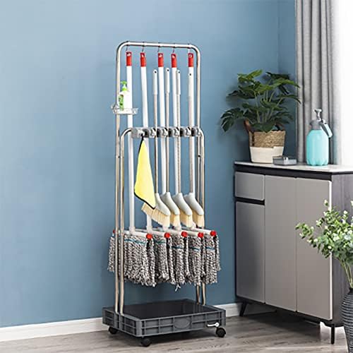 Aunevn Movable Hand Trucks Porta de vassoura, Mop Mop Rack Floor Floor Motor Montado Rack Piso de limpeza Ferramenta de carrinho de