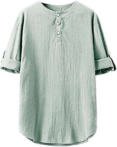 Camisa Henley de linho de algodão masculino, camisetas casuais de praia casual 3/4 de manga de manga casual