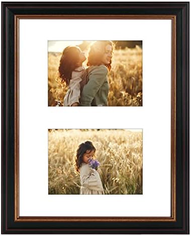 Quadro de imagens de FrameTory, 11x14 - para duas fotos de 5x7, duas mantas brancas de abertura - exibição de parede - ótima para casamento, graduação, fotografias de noivado - Black Gold & Borgonha
