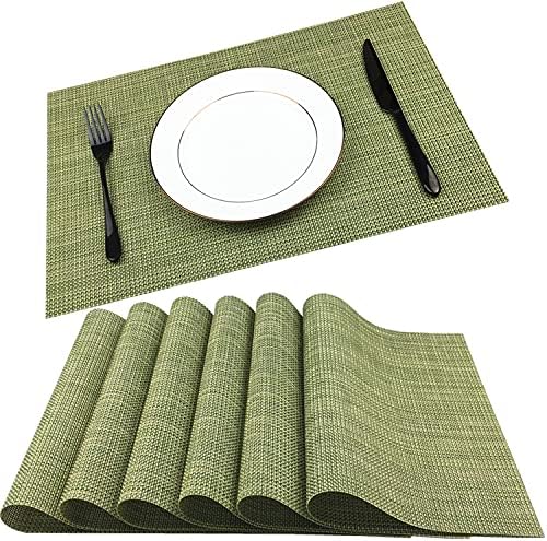Placemats wazaigur, fáceis de limpar a limpeza de vinil de vinil tapetes de coloque de tapetes de mesa resistentes a calor não deslizantes, placemats para mesa de cozinha conjunto de 6, verde e amarelo