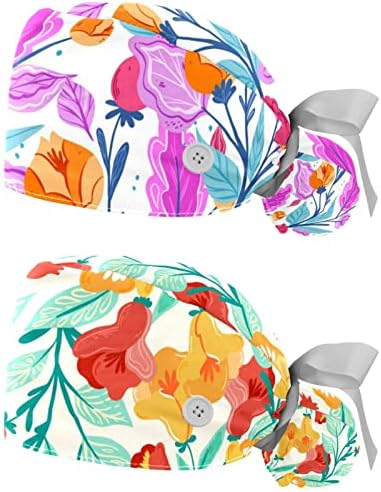 Chapéu de trabalho com botões e laços de fita para mulheres 2 pcs colorido Floral Ajustável Caps Cirúrgicos Unissex Caps Cap