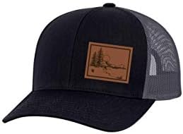 Trenz Shirt Company Scenic Mountain View Outloors Outloors Laser Graved Leather Patch Mesh Backer Trucker Hat, Black/Black