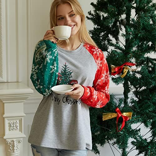 Feliz Natal Sweatshirt for Women Christmas Tree Tops Tops Raglan Snowflake Letra de férias de férias