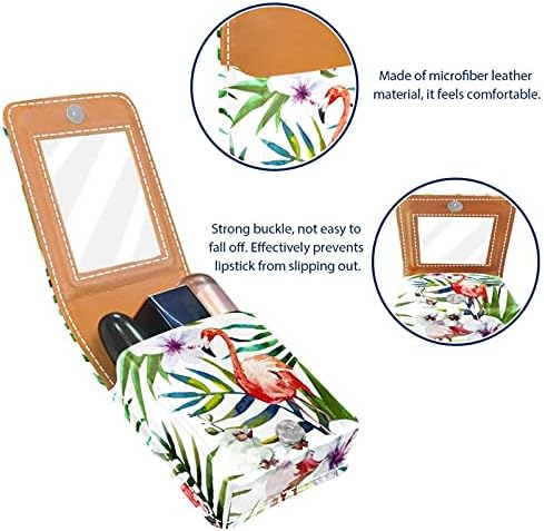 Caixa de batom de maquiagem portátil para viajar, Flamingo Florest Folhas Mini Lipstick Storage Caixa de armazenamento com espelho