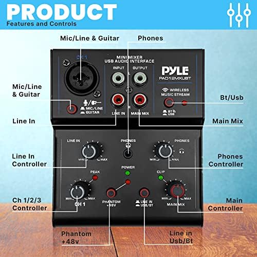 Mixer de áudio sem fio DJ Wireless Professional - Misturador de som do controlador de DJ Bluetooth de 2 canais com interface