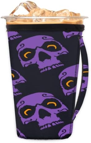 Halloween Spooky Skull 14 Manga de café gelada reutilizável com manga de neoprene de alça para refrigerante, café com leite, chá, bebidas, cerveja