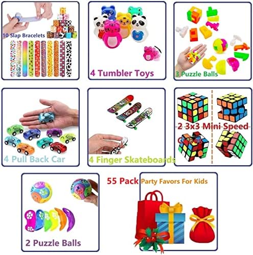 55 PCs Favores de festa para crianças 4-8, brinquedos de presente de aniversário, saco de sacolas de brindes, brinquedos de caixa