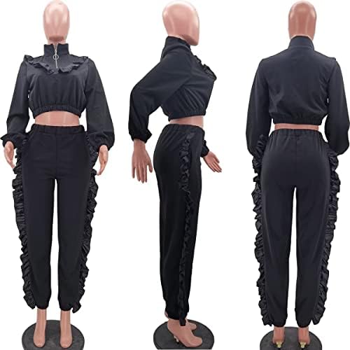 Fastkoala Suits Sweat para feminino 2 peças de manga comprida Tops casuais de calças de babados com bolsos com bolsos S-2xl