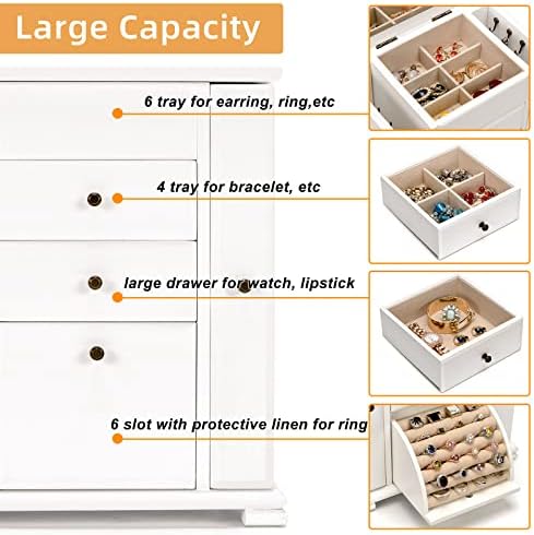 Honiway Jewelry Box for Women Jewelry Organizer com 6 compartimentos e espelho de jóias de madeira rústica para o colar de