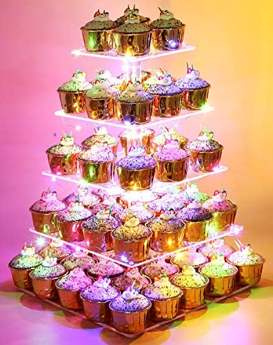 Vomus Stand 4 e 5 acrílico Cupcake Stand com luzes de sobremesa de luminosas LED Tower Tower para festa de aniversário/casamento