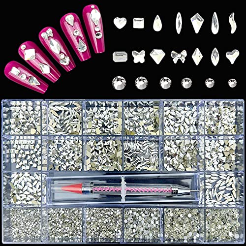 Huetfat 14 strass em forma de unhas transparentes para arte de unhas+6 tamanho redondo gemas de unhas de unhas de vidro Diamantes