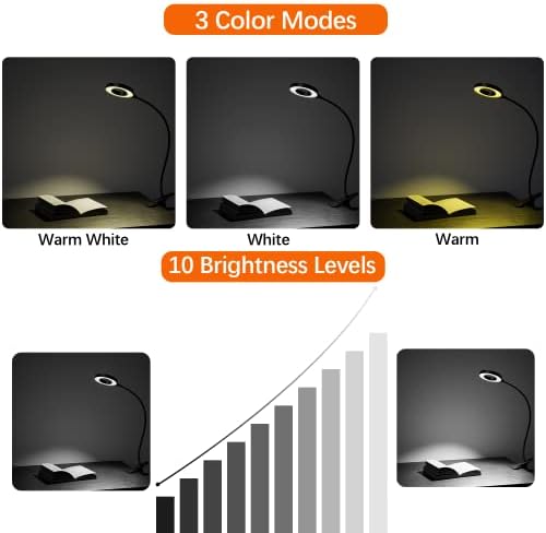 Juhefa Clip on Light, lâmpada de mesa LED levemente alimentada por USB com ganso para ler na cama, cabeceira, escritório, maquiagem, 10 níveis Dimmable, 3 cores Changeable