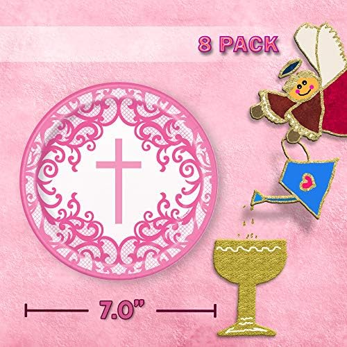 Garota rosa única Pacote de festas da Holy Communion Dinnerware | Placas de jantar e sobremesa, guardanapos de almoço, xícaras, banner, tampa da mesa | Evento de confirmação da filha Decorações de suprimentos