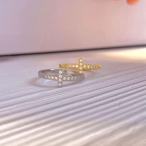 Myneney 14K Gold Bated CZ Cross Ring | Anel da aliança de casamento infinito | Anel de promessa da eternidade para ela