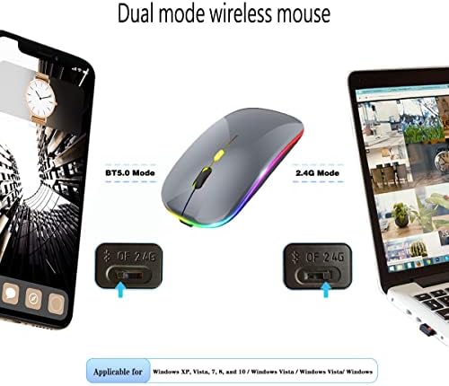 Mouse de LED Bluetooth sem fio, mouse mudo recarregável e esbelto, camundongos de computador óptico portáteis de modo