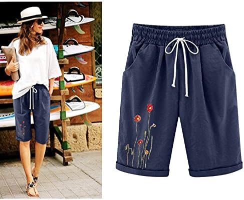 Calças de linho para mulheres shorts de estampa floral calças de joelho da mulher