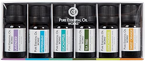 Oil Pure Essential Works Top 6 Kit de óleo de aromaterapia, óleos essenciais pura de grau terapêutico - lavanda, hortelã