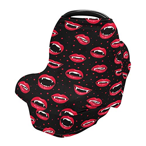 Yyzzh Halloween Red Vampire Lip Pattern com bolinhas na capa de assento de carro de bebê elástico preto Tampas de enfermagem do dossel infantil Cobertura de amamentação Lenço de inverno à prova de vento respirável para meninos meninas