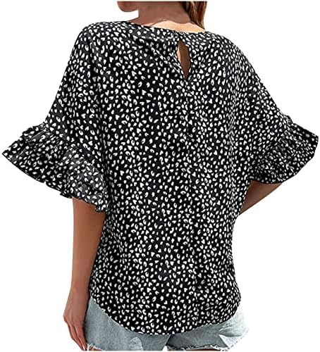 2023 Moda Ruffle Tops de manga curta para mulheres camisa de estampa de leopardo vintage Casual Spring Blouse Loose Crewneck sai