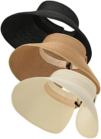 Women Sun Visor Fordable largo de verão chapéu de palha de verão Roll Up Ajuste Beach Hat com gravata borboleta