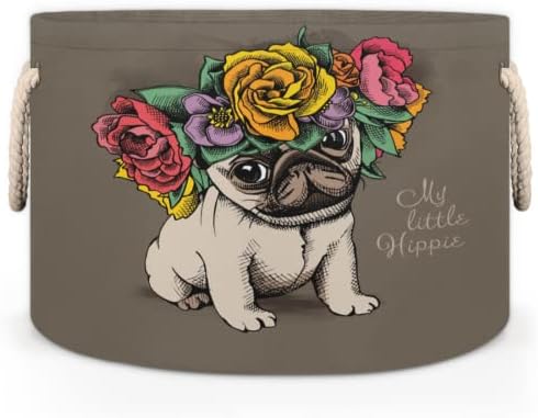 Hippie Pug Dog Floral Grande cestas redondas para cestas de lavanderia de armazenamento com alças cestas de armazenamento de