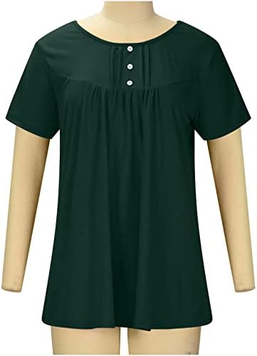 Lcepcy Summer Summer Casual Tunic Tops for Women Rould Neck Button Ruched T Camisetas sólidas LOLHA FIXA BLUSES DE MANACA CURTA