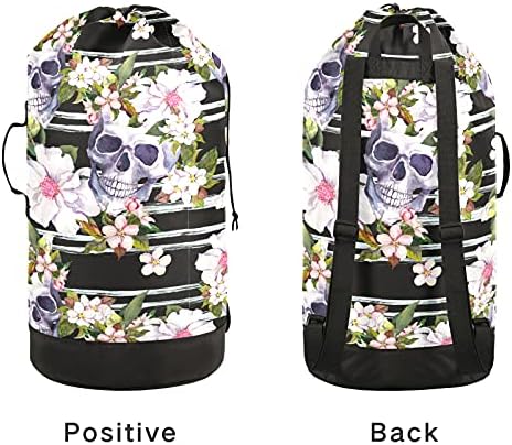 Skulls Flowers Halloween Saco de lavanderia pesada Mochila de lavanderia com alças de ombro e alças Bolsa de roupa