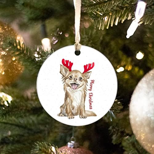 Cachorro com chifres de Natal Ornamento de 3 polegadas, ornamento de cerâmica de cão de Natal, animal de estimação com chroceta de christmas,