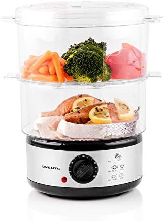 Vapor de alimentos elétricos Ovente 5 quart com cestas sem BPA empilhável de 2 camadas, base de aço inoxidável de 400W, desligamento automático e timer de 60 minutos, vapor rápido para vegetais e peixes, prata FS62S