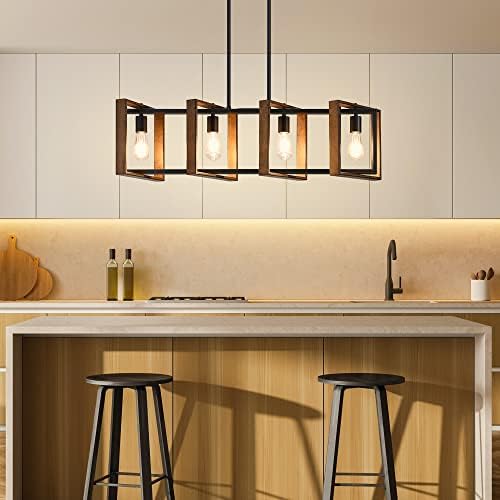 Luz da sala de jantar da Fazenda Edishine, iluminação de ilha de cozinha ajustável, madeira rústica e acabamento mental preto,